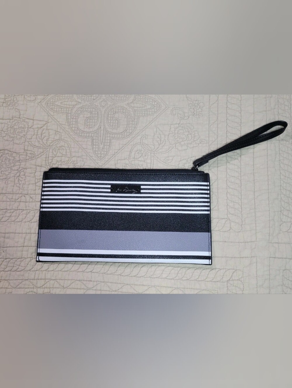 Vera Bradley zip around wristlet midnight stripe Purse Wallet Black,White, Grey